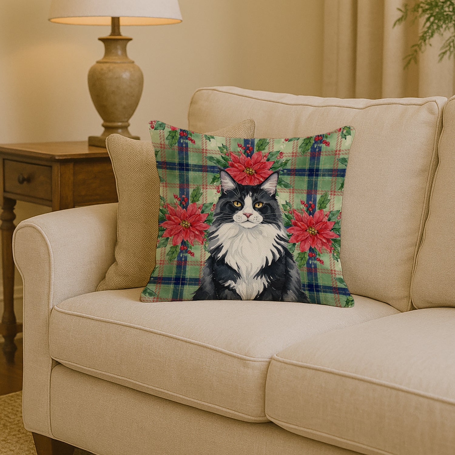 MaineCoon Black and White Cat with Poinsettias Decorative Throw Pillow 14x14 Indoor Outdoor Accent Cushion, Fabric Cover with Insert for Sofa, Bed, Porch & Living Room
