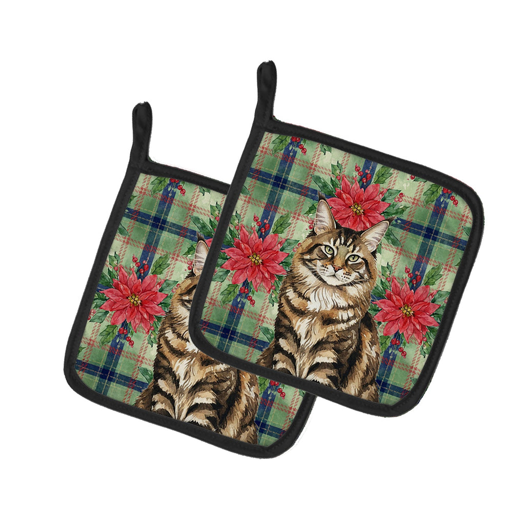 MaineCoon Brown Tabby Cat with Poinsettias Pot Holder Set of 2 Heat Resistant Quilted Hot Pads 7.5 x 7.5 Inch, Insulated Kitchen Trivets for Cooking & Baking