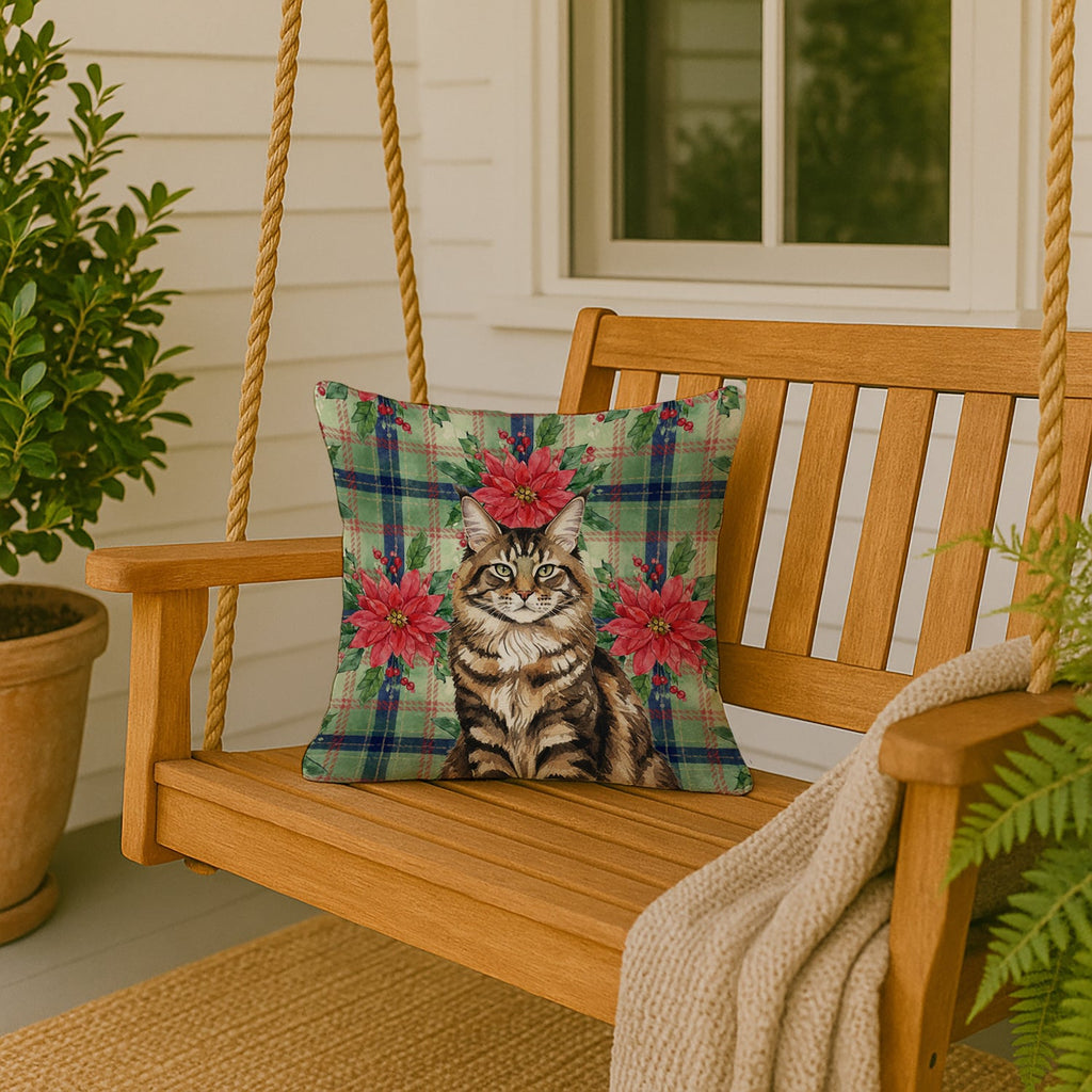 MaineCoon Brown Tabby Cat with Poinsettias Decorative Throw Pillow 18x18 Indoor Outdoor Accent Cushion, Fabric Cover with Insert for Sofa, Bed, Porch & Living Room