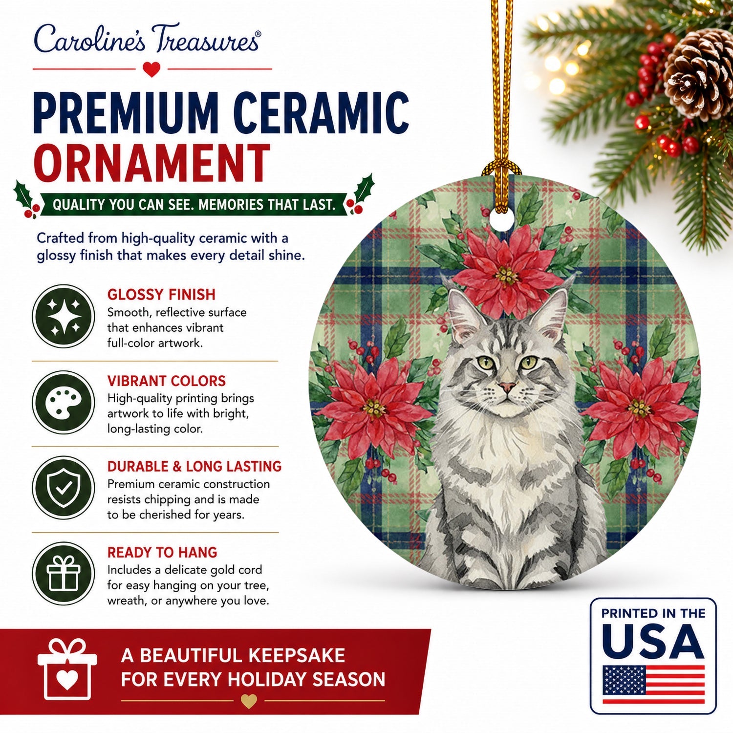 MaineCoon Silver Tabby Cat with Poinsettias Ceramic Ornament Christmas Tree Hanging Decorations for Home Christmas Holiday, Party, Gift, 3 in, Multicolor