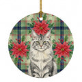 MaineCoon Silver Tabby Cat with Poinsettias Ceramic Ornament Christmas Tree Hanging Decorations for Home Christmas Holiday, Party, Gift, 3 in, Multicolor