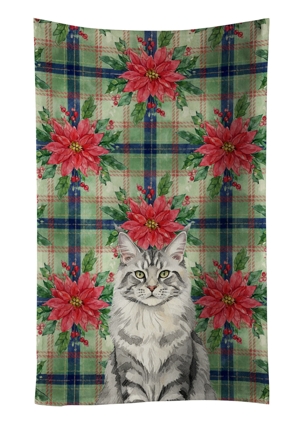 MaineCoon Silver Tabby Cat with Poinsettias Kitchen Towel Velour Plush Front and Cotton Loop Back Machine Washable