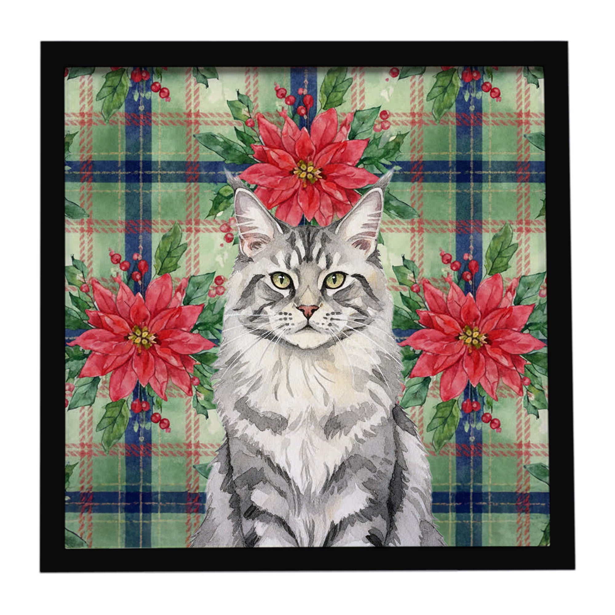 MaineCoon Silver Tabby Cat with Poinsettias Framed Metal Print Bathroom, Kitchen, Office, Home Decor Wall Art Ready to Hang, Square, 8X8