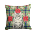 MaineCoon Silver Tabby Cat with Poinsettias Decorative Throw Pillow 14x14 Indoor Outdoor Accent Cushion, Fabric Cover with Insert for Sofa, Bed, Porch & Living Room