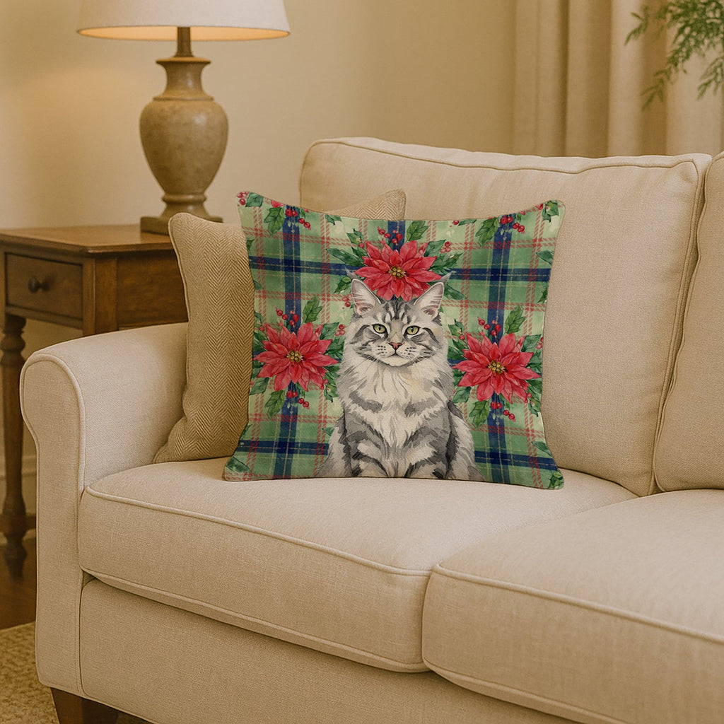 MaineCoon Silver Tabby Cat with Poinsettias Decorative Throw Pillow 14x14 Indoor Outdoor Accent Cushion, Fabric Cover with Insert for Sofa, Bed, Porch & Living Room