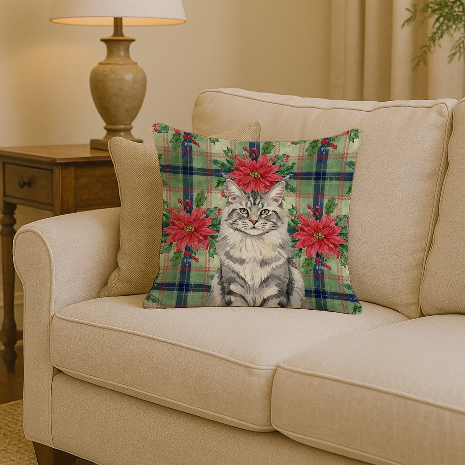 MaineCoon Silver Tabby Cat with Poinsettias Decorative Throw Pillow 14x14 Indoor Outdoor Accent Cushion, Fabric Cover with Insert for Sofa, Bed, Porch & Living Room
