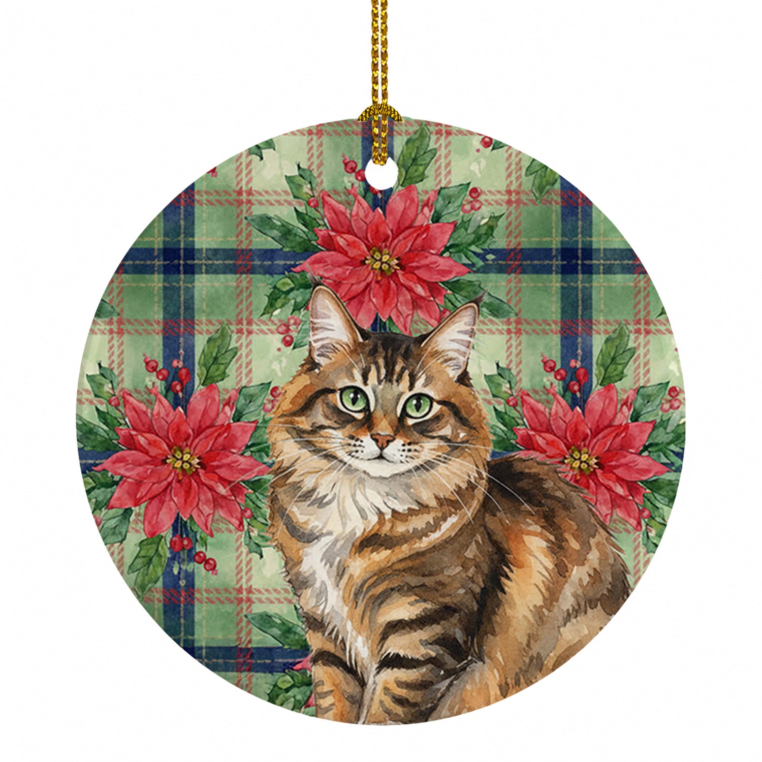 Norwegian Forest Cat Brown Tabby Cat with Poinsettias Ceramic Ornament Christmas Tree Hanging Decorations for Home Christmas Holiday, Party, Gift, 3 in, Multicolor