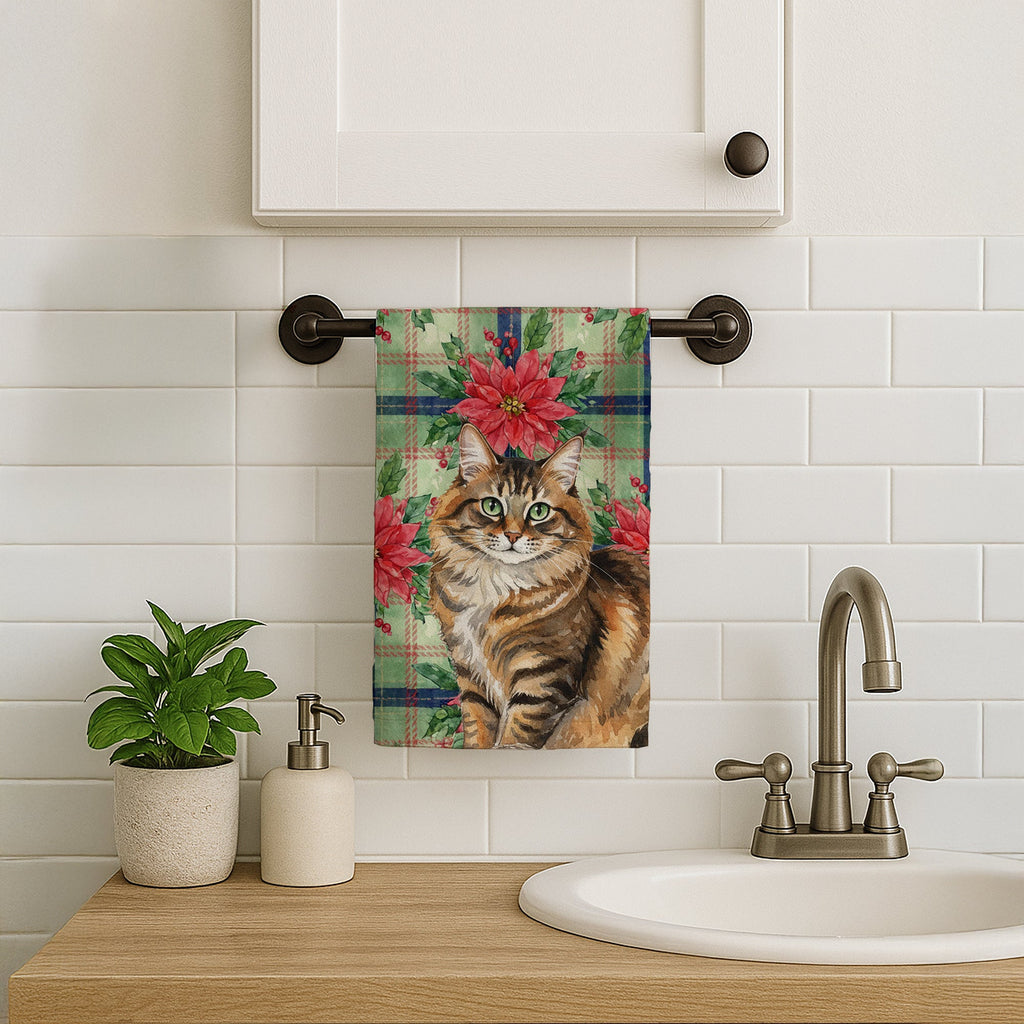 Norwegian Forest Cat Brown Tabby Cat with Poinsettias Kitchen Towel Velour Plush Front and Cotton Loop Back Machine Washable