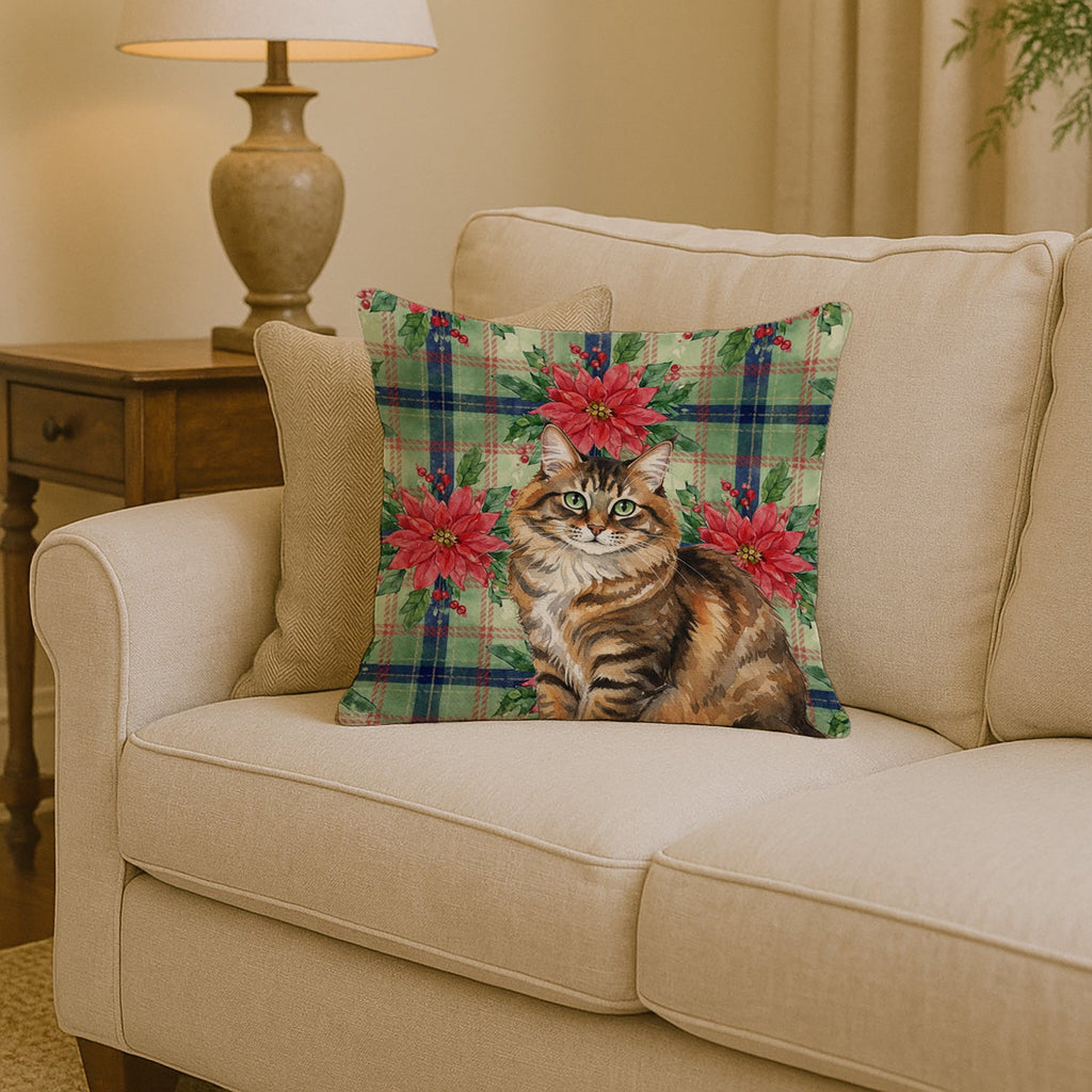 Norwegian Forest Cat Brown Tabby Cat with Poinsettias Decorative Throw Pillow 14x14 Indoor Outdoor Accent Cushion, Fabric Cover with Insert for Sofa, Bed, Porch & Living Room