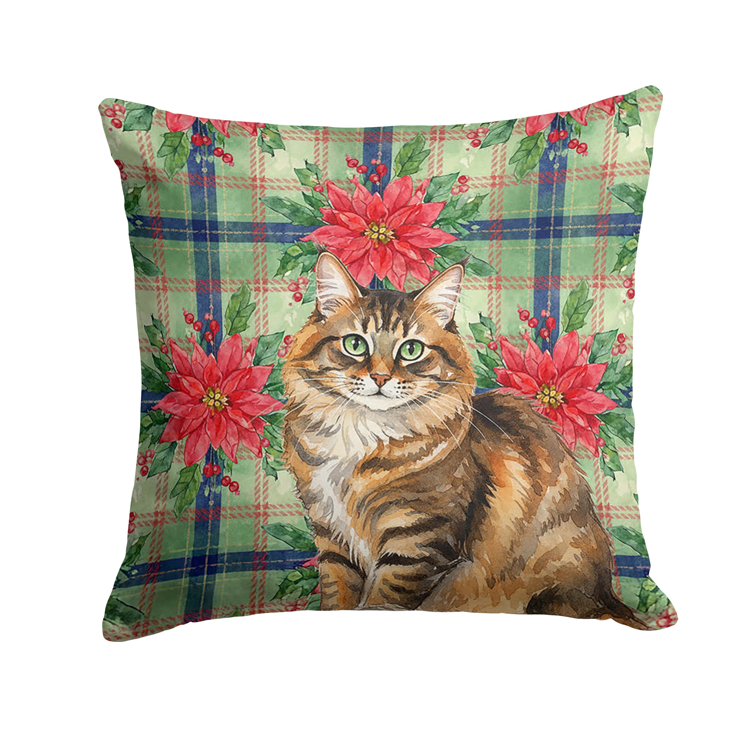 Norwegian Forest Cat Brown Tabby Cat with Poinsettias Decorative Throw Pillow 18x18 Indoor Outdoor Accent Cushion, Fabric Cover with Insert for Sofa, Bed, Porch & Living Room