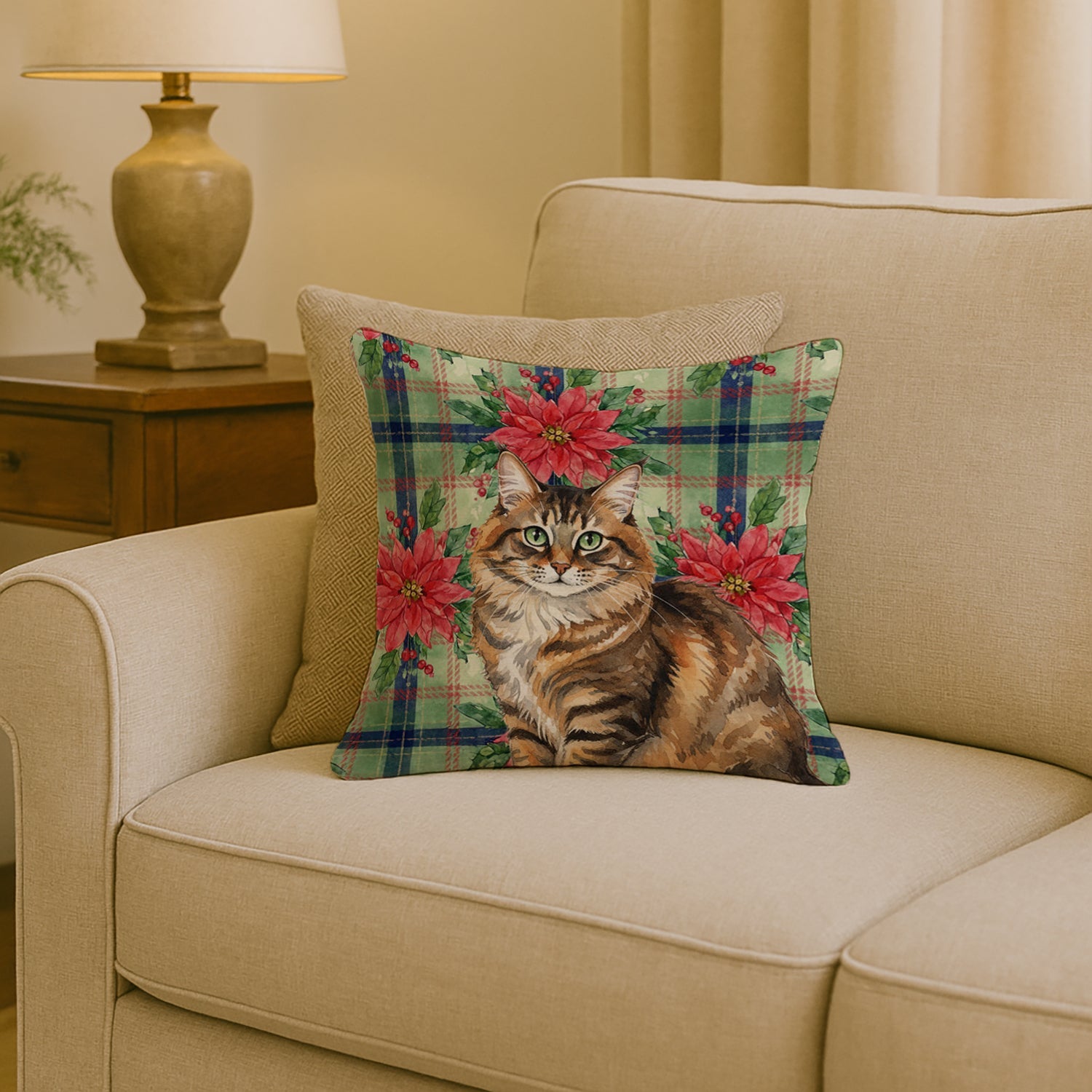 Norwegian Forest Cat Brown Tabby Cat with Poinsettias Decorative Throw Pillow 18x18 Indoor Outdoor Accent Cushion, Fabric Cover with Insert for Sofa, Bed, Porch & Living Room