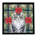 Norwegian Forest Cat Gray and White Cat with Poinsettias Framed Metal Print Bathroom, Kitchen, Office, Home Decor Wall Art Ready to Hang, Square, 8X8