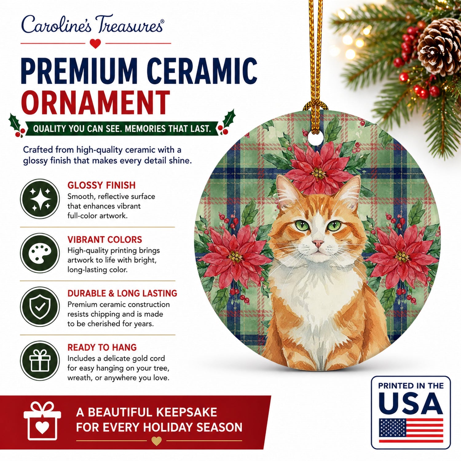 Orange and White Cat with Poinsettias Ceramic Ornament Christmas Tree Hanging Decorations for Home Christmas Holiday, Party, Gift, 3 in, Multicolor