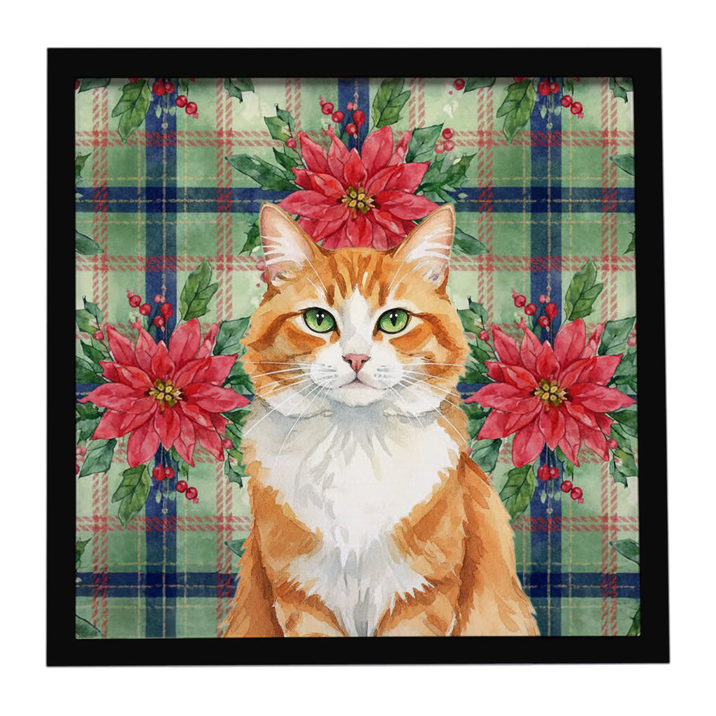Orange and White Cat with Poinsettias Framed Metal Print Bathroom, Kitchen, Office, Home Decor Wall Art Ready to Hang, Square, 8X8
