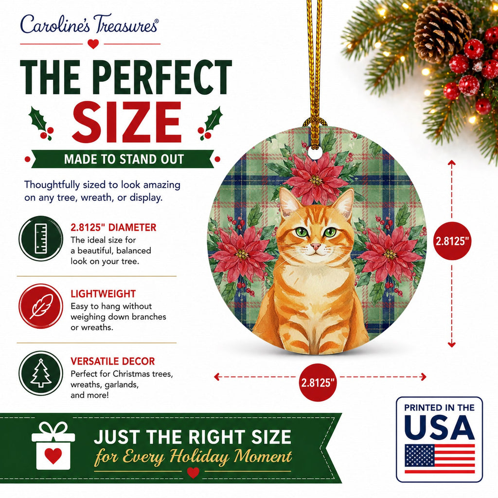 Orange Classic Tabby Cat with Poinsettias Ceramic Ornament Christmas Tree Hanging Decorations for Home Christmas Holiday, Party, Gift, 3 in, Multicolor