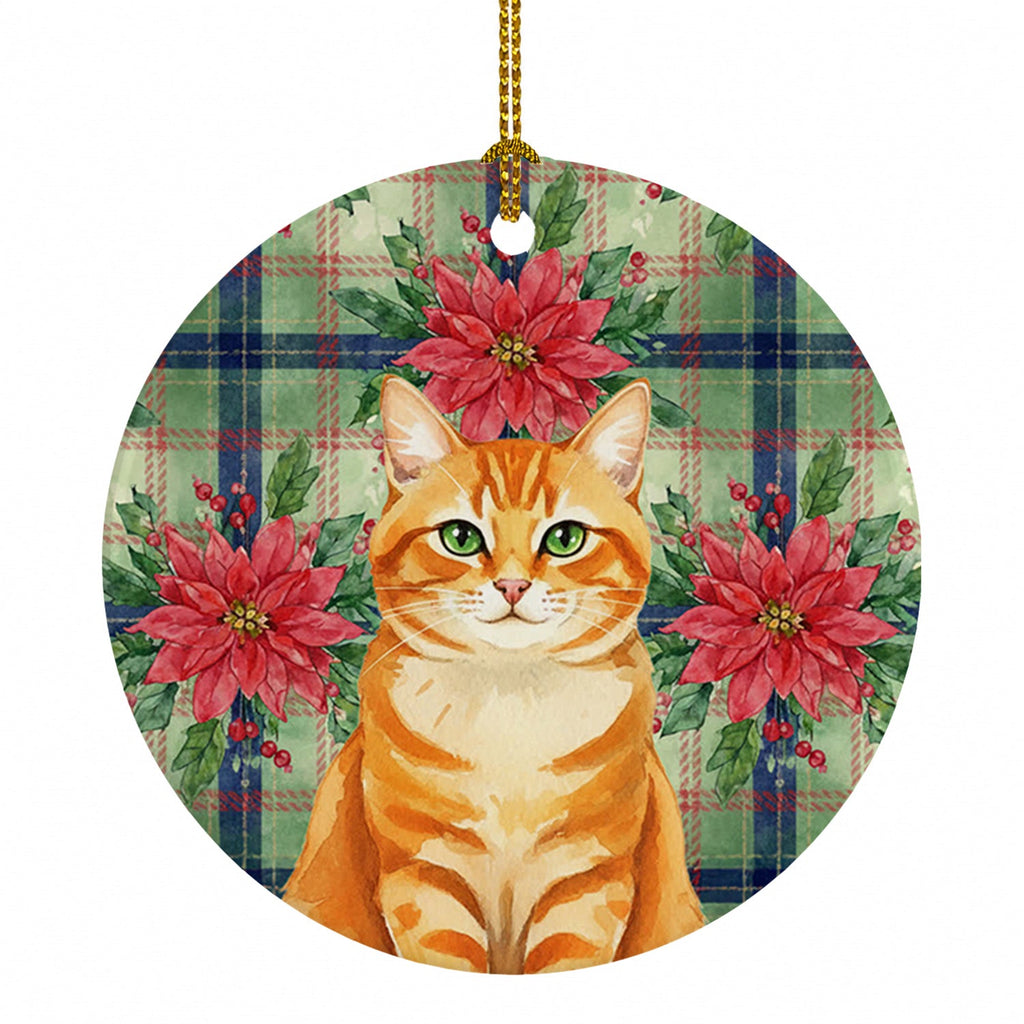 Orange Classic Tabby Cat with Poinsettias Ceramic Ornament Christmas Tree Hanging Decorations for Home Christmas Holiday, Party, Gift, 3 in, Multicolor