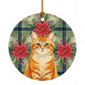 Orange Classic Tabby Cat with Poinsettias Ceramic Ornament Christmas Tree Hanging Decorations for Home Christmas Holiday, Party, Gift, 3 in, Multicolor
