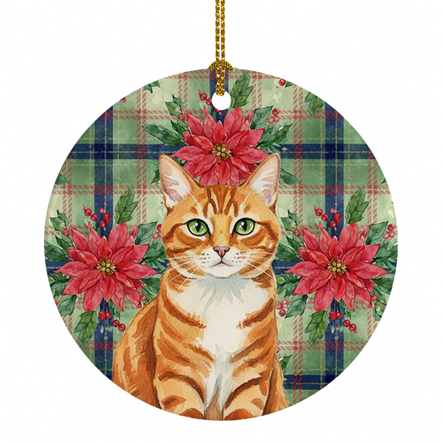 Orange Mackerel Tabby Cat with Poinsettias Ceramic Ornament Christmas Tree Hanging Decorations for Home Christmas Holiday, Party, Gift, 3 in, Multicolor