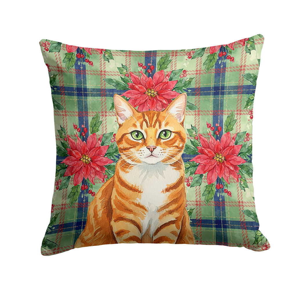 Orange Mackerel Tabby Cat with Poinsettias Decorative Throw Pillow 14x14 Indoor Outdoor Accent Cushion, Fabric Cover with Insert for Sofa, Bed, Porch & Living Room