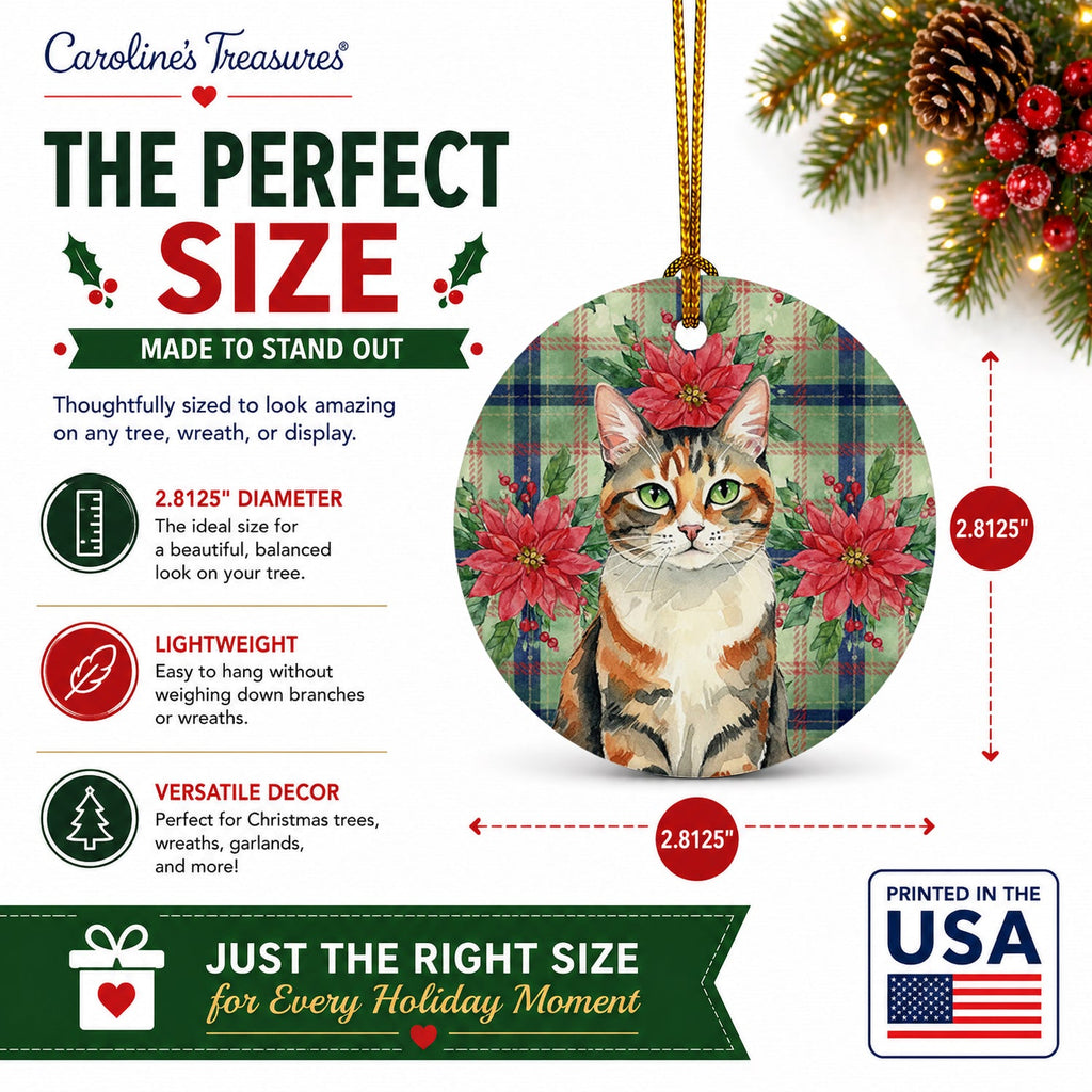 Patched Tabby Cat with Poinsettias Ceramic Ornament Christmas Tree Hanging Decorations for Home Christmas Holiday, Party, Gift, 3 in, Multicolor