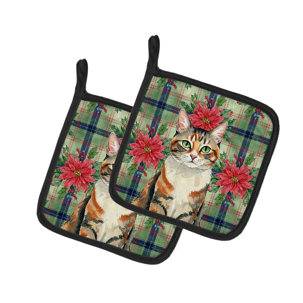 Patched Tabby Cat with Poinsettias Pot Holder Set of 2 Heat Resistant Quilted Hot Pads 7.5 x 7.5 Inch, Insulated Kitchen Trivets for Cooking & Baking