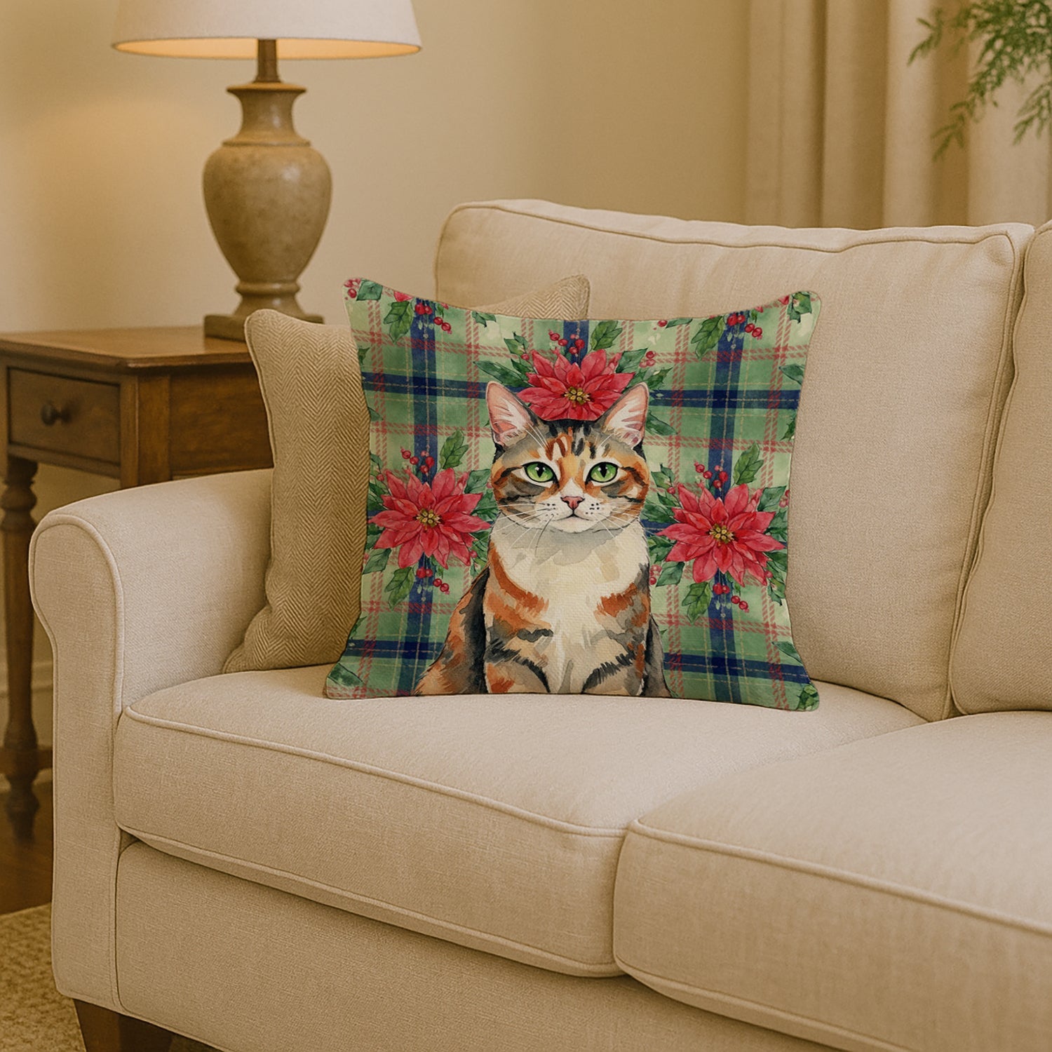 Patched Tabby Cat with Poinsettias Decorative Throw Pillow 14x14 Indoor Outdoor Accent Cushion, Fabric Cover with Insert for Sofa, Bed, Porch & Living Room