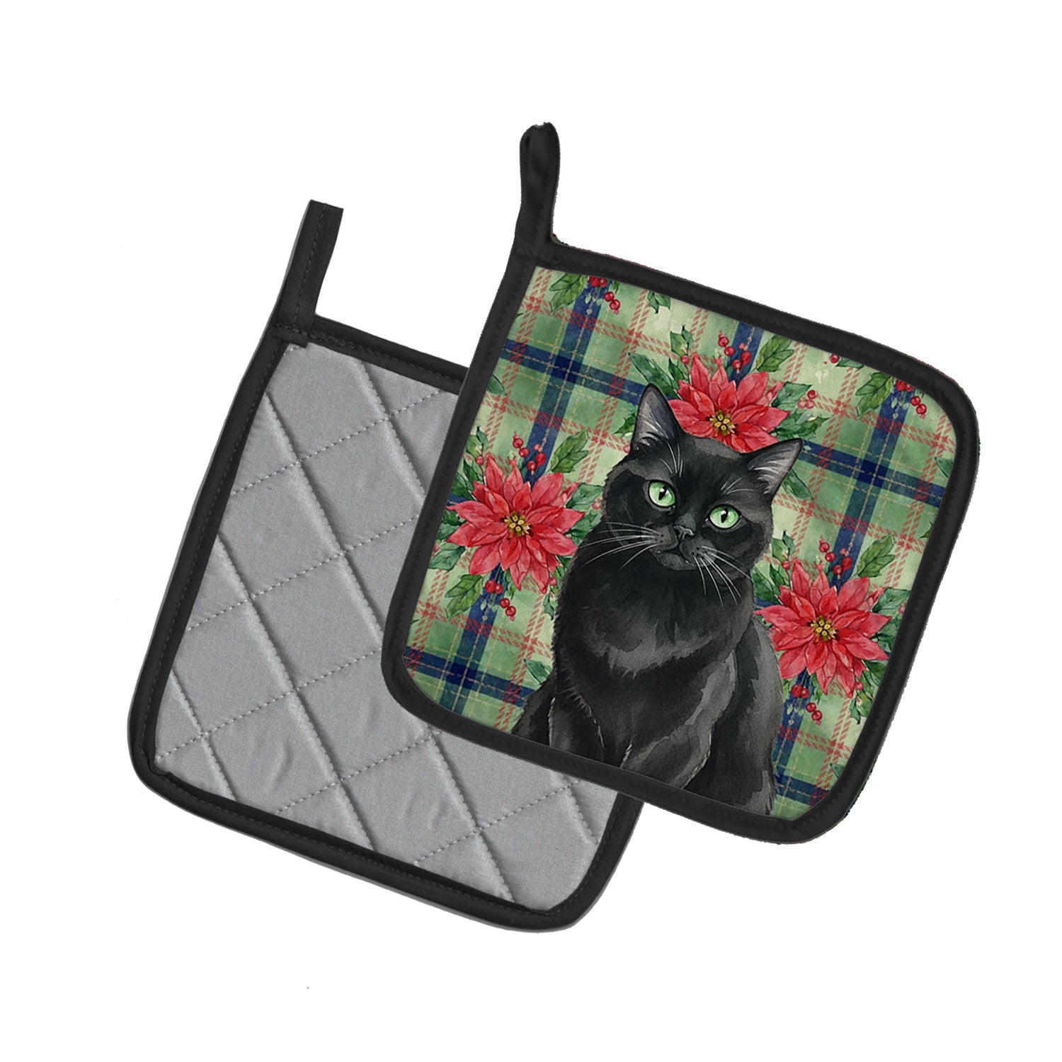Persian Black Cat with Poinsettias Pot Holder Set of 2 Heat Resistant Quilted Hot Pads 7.5 x 7.5 Inch, Insulated Kitchen Trivets for Cooking & Baking