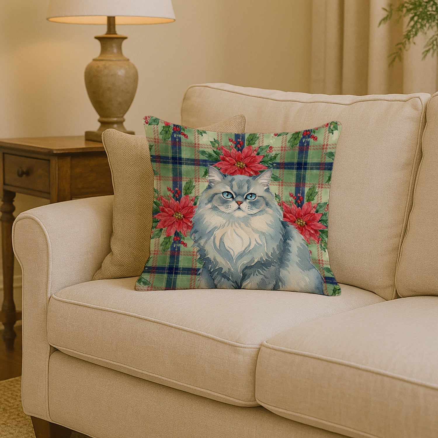 Persian Blue Cat with Poinsettias Decorative Throw Pillow 14x14 Indoor Outdoor Accent Cushion, Fabric Cover with Insert for Sofa, Bed, Porch & Living Room
