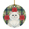 Persian White Cat with Poinsettias Ceramic Ornament Christmas Tree Hanging Decorations for Home Christmas Holiday, Party, Gift, 3 in, Multicolor