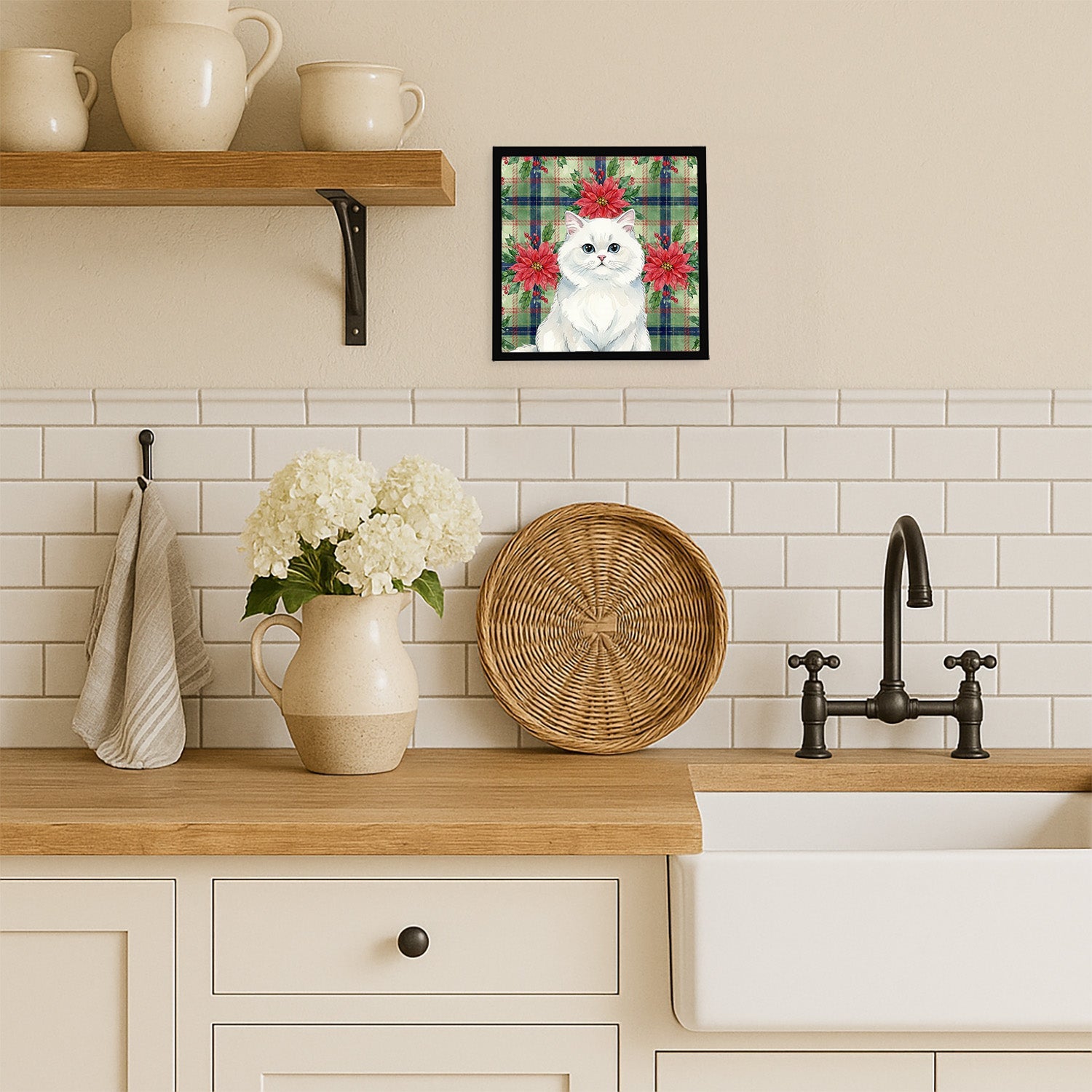 Persian White Cat with Poinsettias Framed Metal Print Bathroom, Kitchen, Office, Home Decor Wall Art Ready to Hang, Square, 8X8