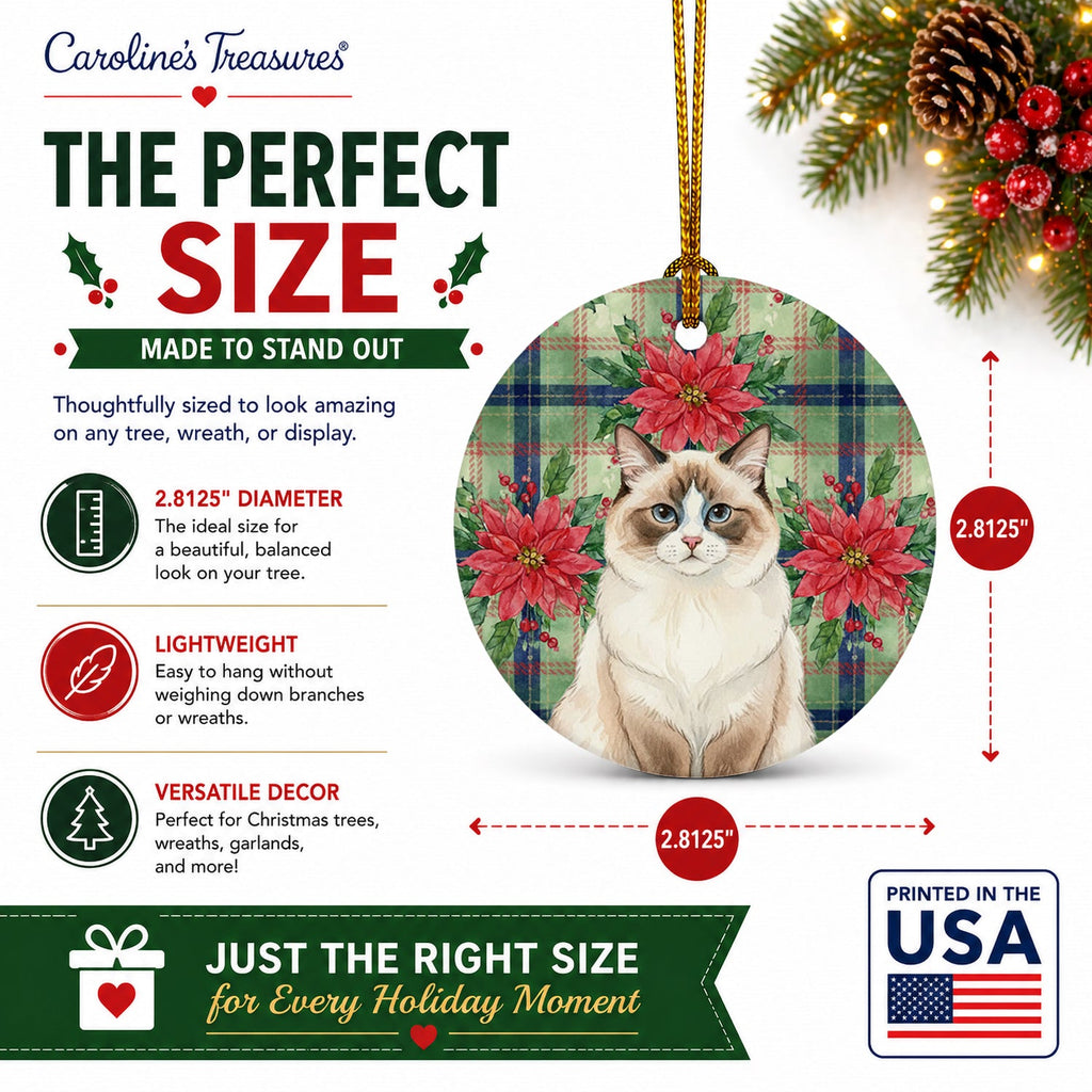 Ragdoll Bicolor Cat with Poinsettias Ceramic Ornament Christmas Tree Hanging Decorations for Home Christmas Holiday, Party, Gift, 3 in, Multicolor
