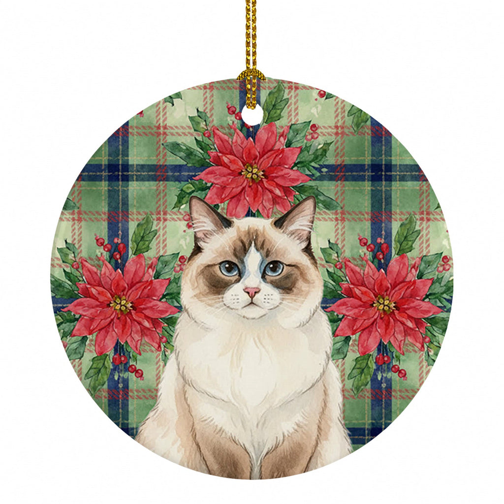 Ragdoll Bicolor Cat with Poinsettias Ceramic Ornament Christmas Tree Hanging Decorations for Home Christmas Holiday, Party, Gift, 3 in, Multicolor