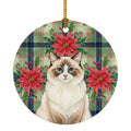 Ragdoll Bicolor Cat with Poinsettias Ceramic Ornament Christmas Tree Hanging Decorations for Home Christmas Holiday, Party, Gift, 3 in, Multicolor