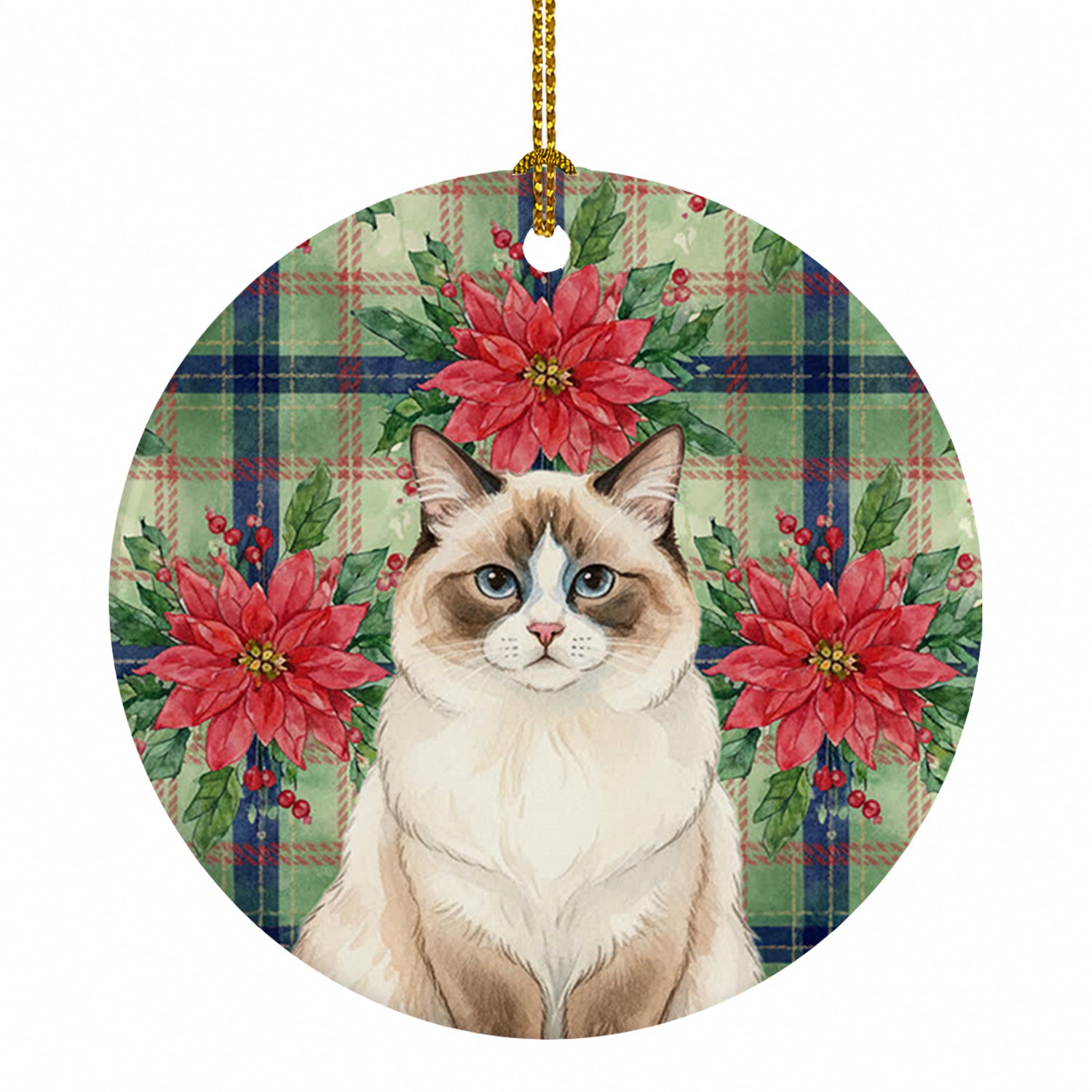 Ragdoll Bicolor Cat with Poinsettias Ceramic Ornament Christmas Tree Hanging Decorations for Home Christmas Holiday, Party, Gift, 3 in, Multicolor