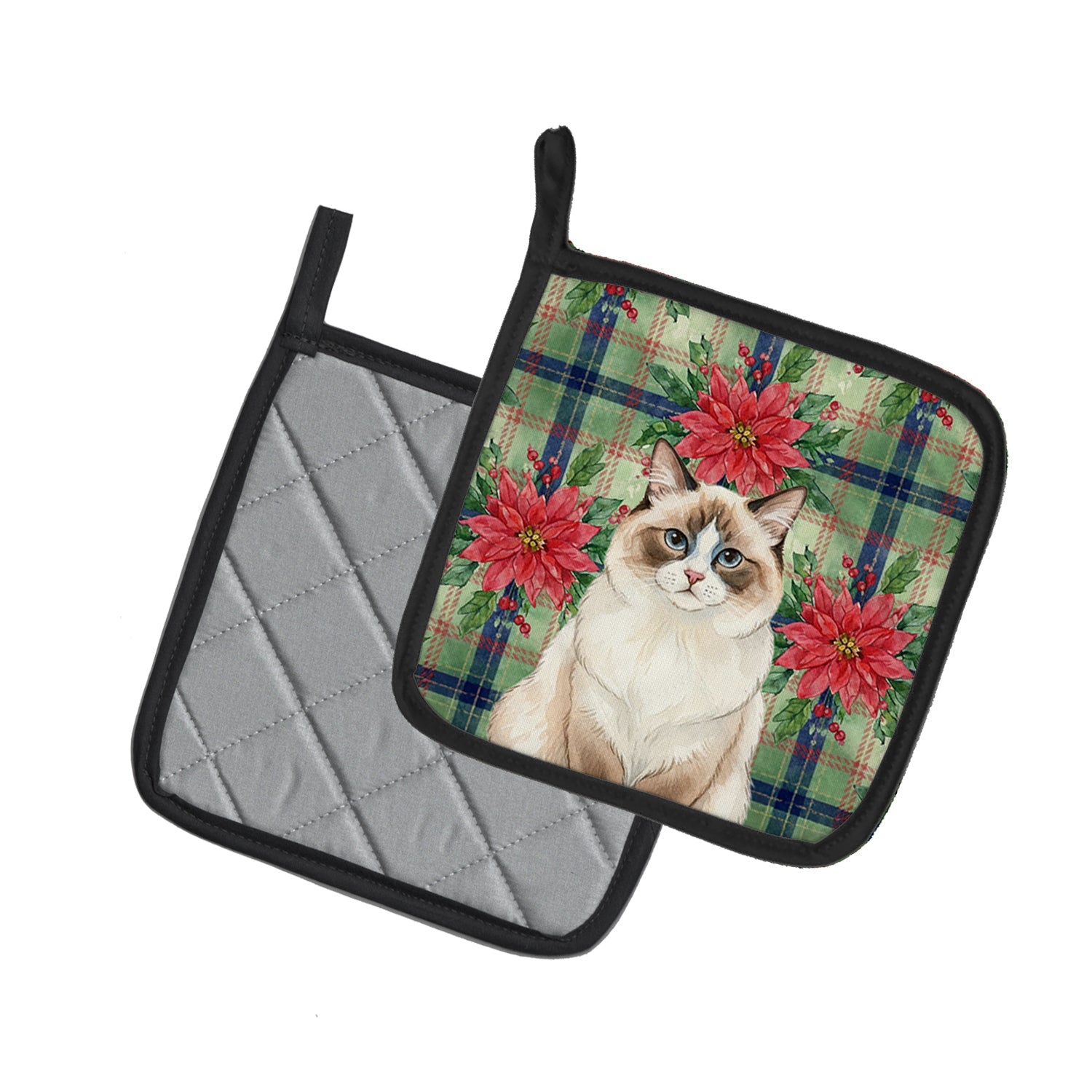 Ragdoll Bicolor Cat with Poinsettias Pot Holder Set of 2 Heat Resistant Quilted Hot Pads 7.5 x 7.5 Inch, Insulated Kitchen Trivets for Cooking & Baking