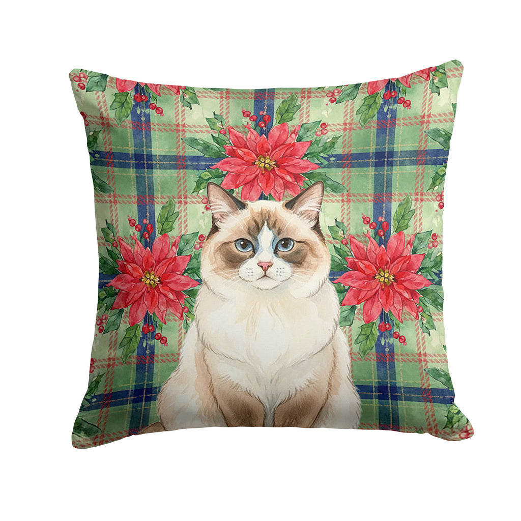 Ragdoll Bicolor Cat with Poinsettias Decorative Throw Pillow 18x18 Indoor Outdoor Accent Cushion, Fabric Cover with Insert for Sofa, Bed, Porch & Living Room