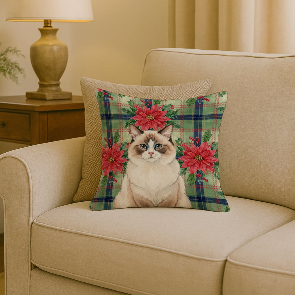 Ragdoll Bicolor Cat with Poinsettias Decorative Throw Pillow 18x18 Indoor Outdoor Accent Cushion, Fabric Cover with Insert for Sofa, Bed, Porch & Living Room