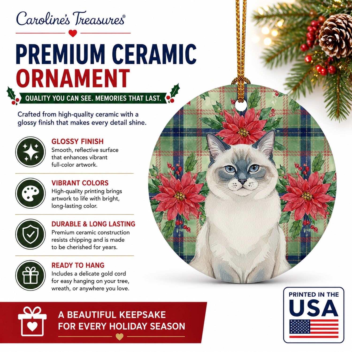 Ragdoll Blue Point Cat with Poinsettias Ceramic Ornament Christmas Tree Hanging Decorations for Home Christmas Holiday, Party, Gift, 3 in, Multicolor