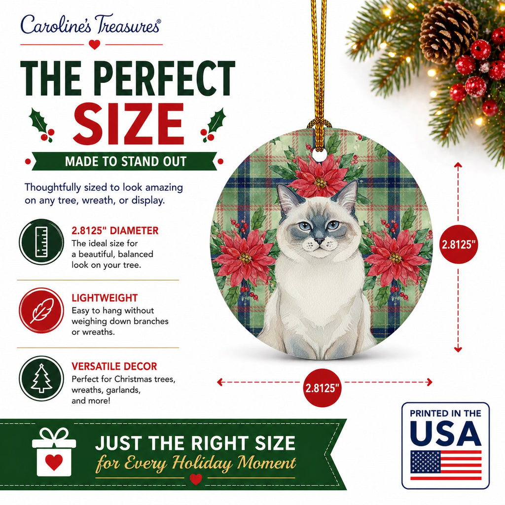 Ragdoll Blue Point Cat with Poinsettias Ceramic Ornament Christmas Tree Hanging Decorations for Home Christmas Holiday, Party, Gift, 3 in, Multicolor