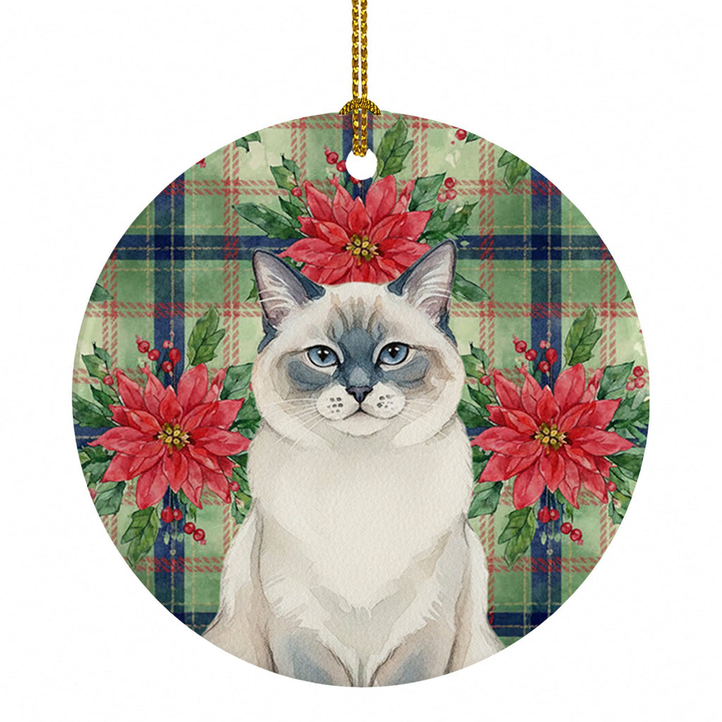 Ragdoll Blue Point Cat with Poinsettias Ceramic Ornament Christmas Tree Hanging Decorations for Home Christmas Holiday, Party, Gift, 3 in, Multicolor