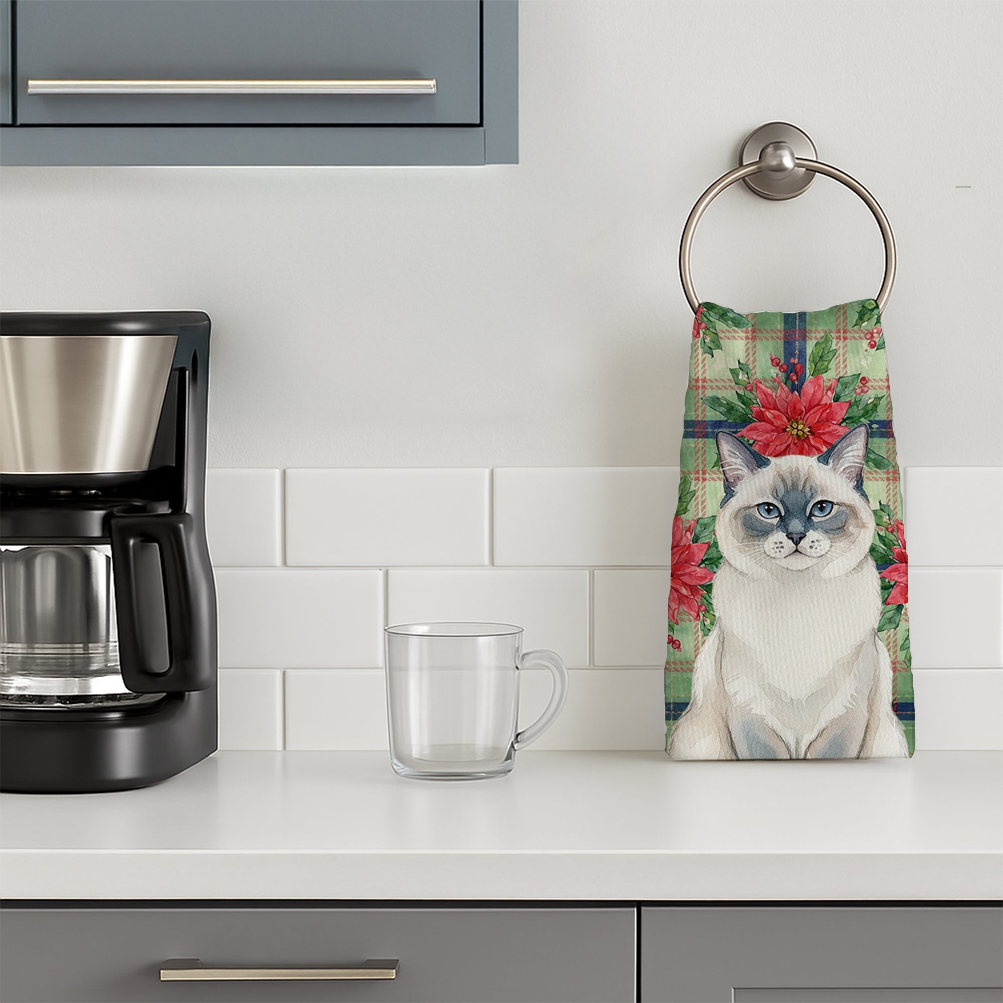 Ragdoll Blue Point Cat with Poinsettias Kitchen Towel Velour Plush Front and Cotton Loop Back Machine Washable