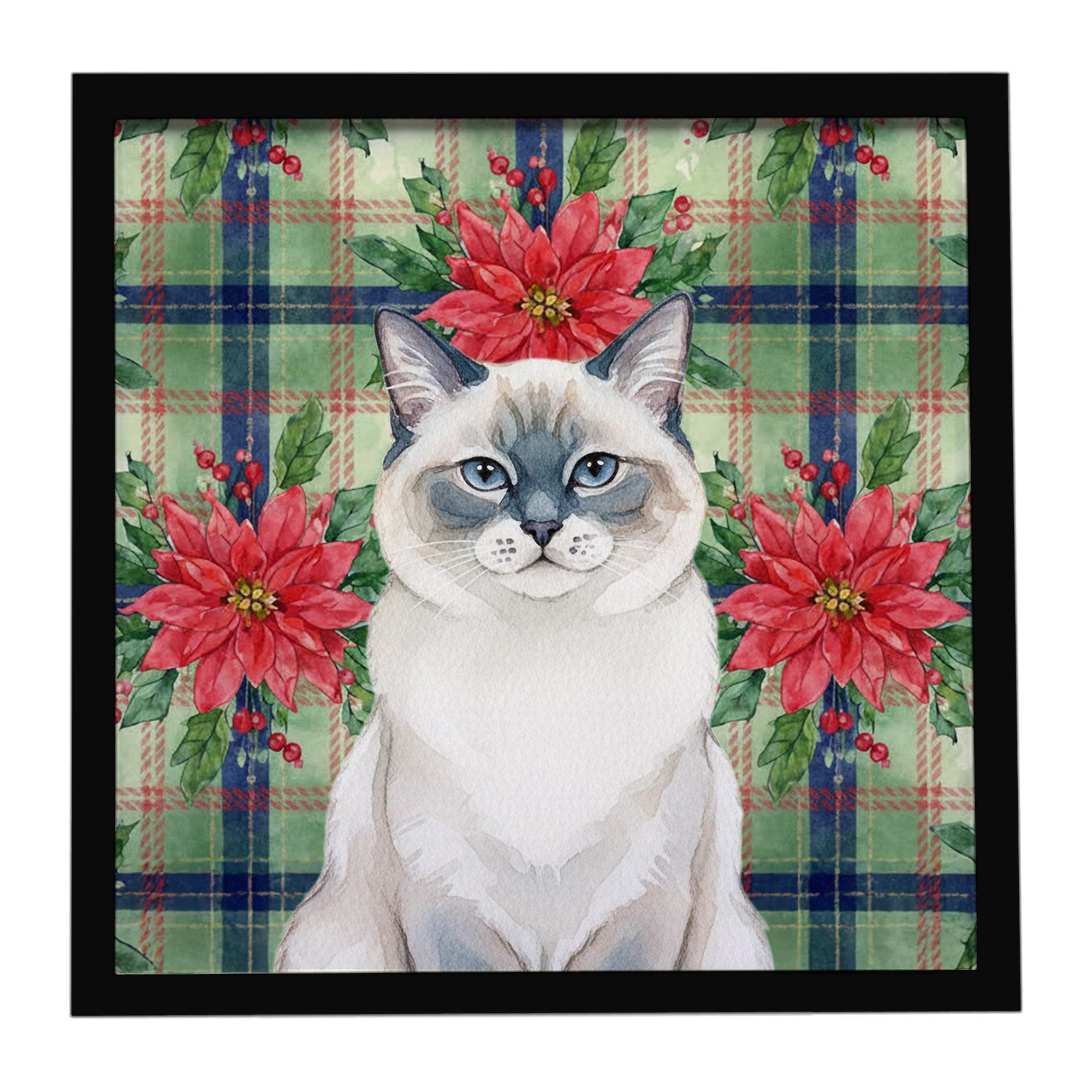 Ragdoll Blue Point Cat with Poinsettias Framed Metal Print Bathroom, Kitchen, Office, Home Decor Wall Art Ready to Hang, Square, 8X8