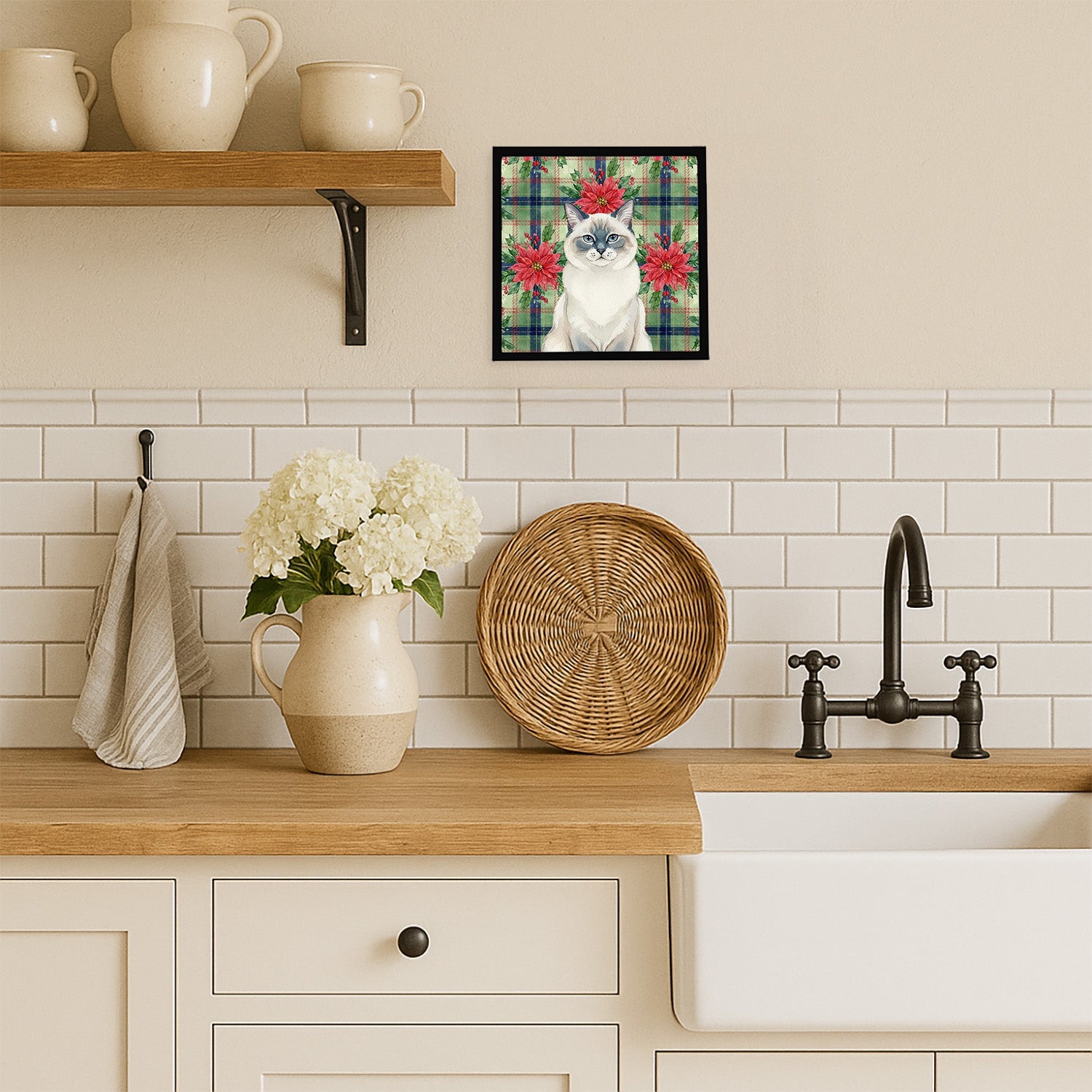 Ragdoll Blue Point Cat with Poinsettias Framed Metal Print Bathroom, Kitchen, Office, Home Decor Wall Art Ready to Hang, Square, 8X8