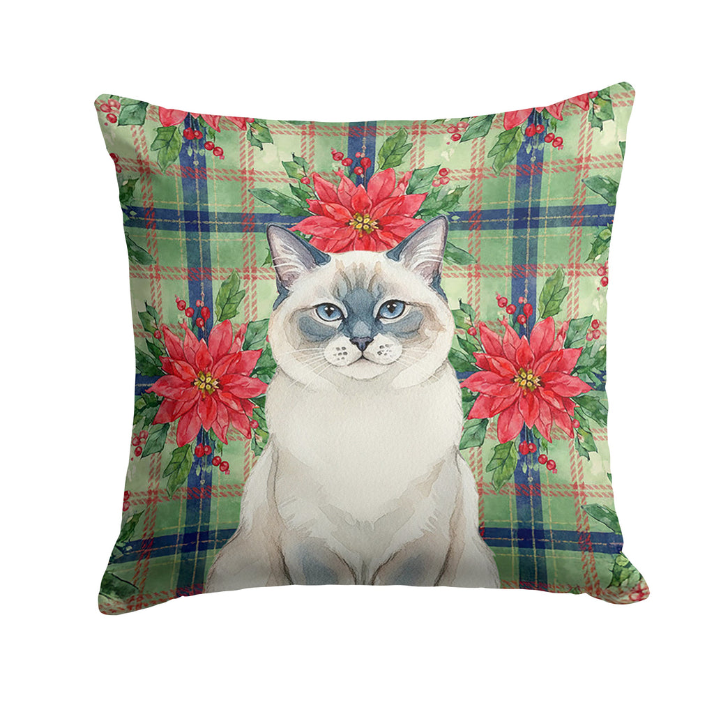 Ragdoll Blue Point Cat with Poinsettias Decorative Throw Pillow 14x14 Indoor Outdoor Accent Cushion, Fabric Cover with Insert for Sofa, Bed, Porch & Living Room