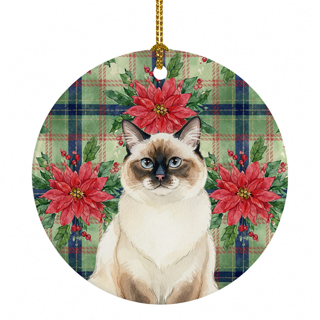 Ragdoll Seal Point Cat with Poinsettias Ceramic Ornament Christmas Tree Hanging Decorations for Home Christmas Holiday, Party, Gift, 3 in, Multicolor