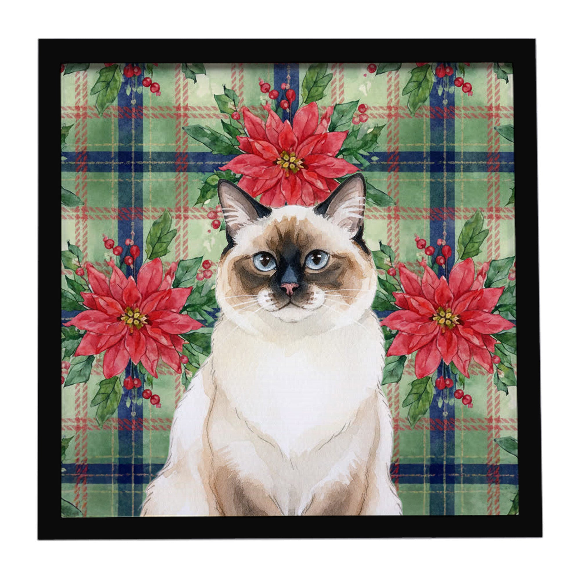 Ragdoll Seal Point Cat with Poinsettias Framed Metal Print Bathroom, Kitchen, Office, Home Decor Wall Art Ready to Hang, Square, 8X8