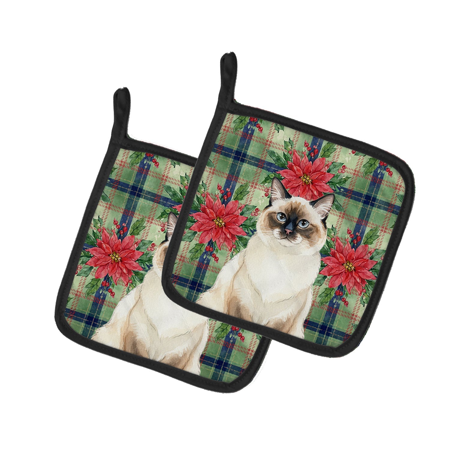 Ragdoll Seal Point Cat with Poinsettias Pot Holder Set of 2 Heat Resistant Quilted Hot Pads 7.5 x 7.5 Inch, Insulated Kitchen Trivets for Cooking & Baking
