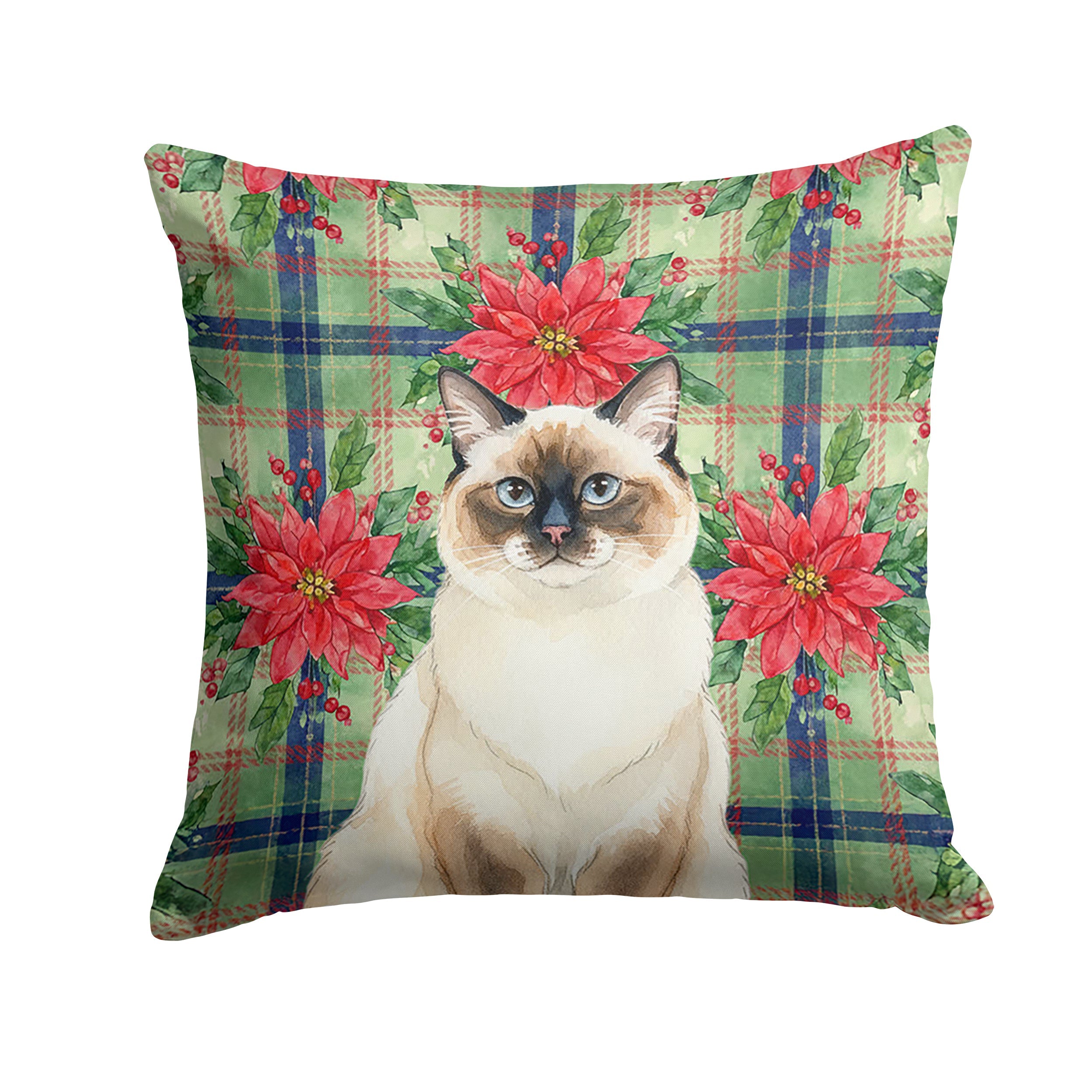 Ragdoll Seal Point Cat with Poinsettias Decorative Throw Pillow 14x14 Indoor Outdoor Accent Cushion, Fabric Cover with Insert for Sofa, Bed, Porch & Living Room