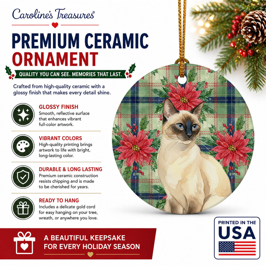 Seal Point Cat with Poinsettias Ceramic Ornament Christmas Tree Hanging Decorations for Home Christmas Holiday, Party, Gift, 3 in, Multicolor