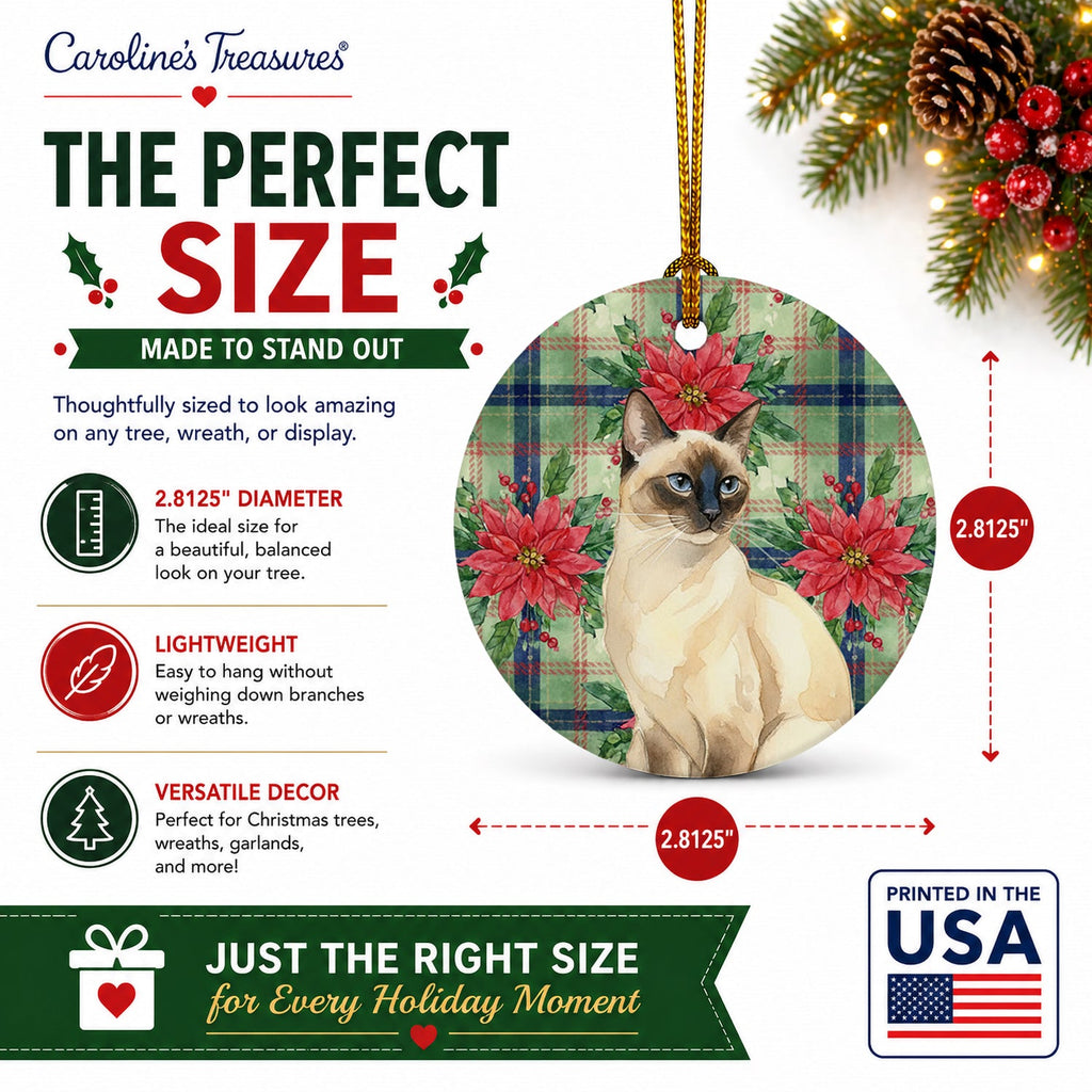 Seal Point Cat with Poinsettias Ceramic Ornament Christmas Tree Hanging Decorations for Home Christmas Holiday, Party, Gift, 3 in, Multicolor